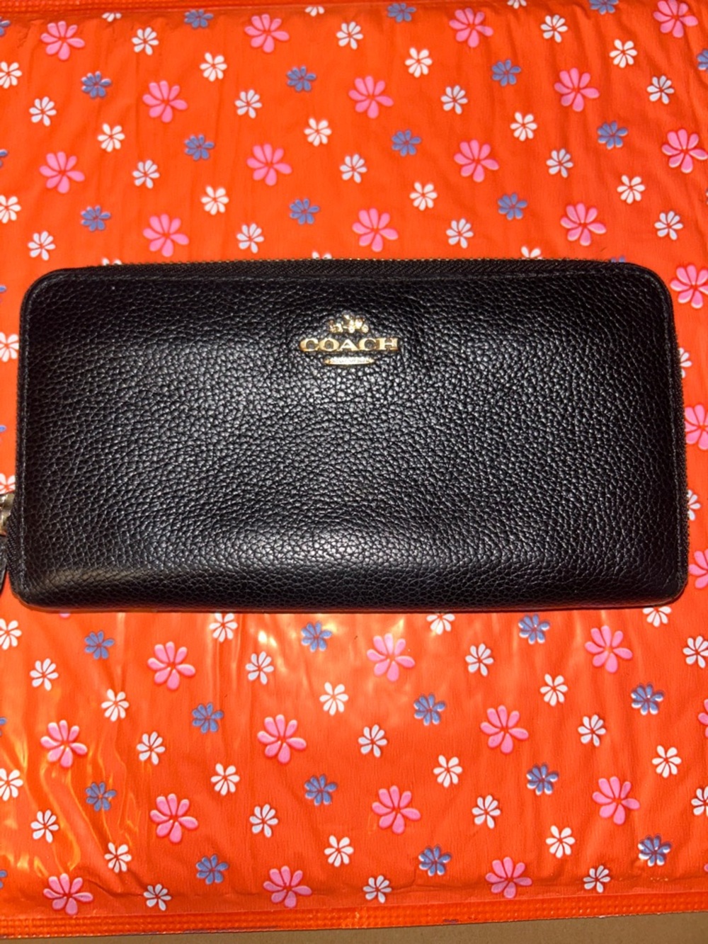 Coach Black Pebbled Leather Zip-Around Wallet with Gold Logo